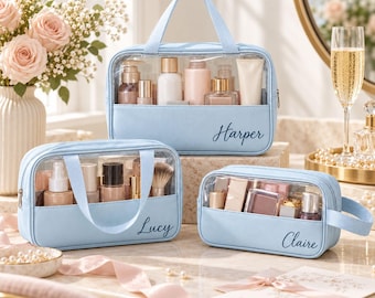 Personalised Clear Cosmetic Bag, Custom Travel Toiletry Case with Name, Monogrammed Clear PVC Makeup Bag, Bachelorette Party Gifts