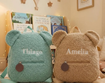 Personalisierter Teddybär-Rucksack für Kinder, Kleinkindrucksack mit benutzerdefiniertem Namen, Kinder bestickter Namensrucksack, Schulanfanggeschenk für Kinder