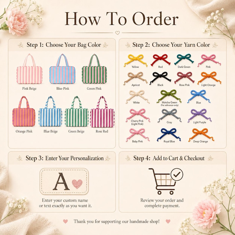 May include: An instructional graphic titled How To Order showing four steps for customizing a striped tote bag. It displays seven color options for the bag, sixteen yarn colors for bows, a personalization text box with the letter A and a heart.