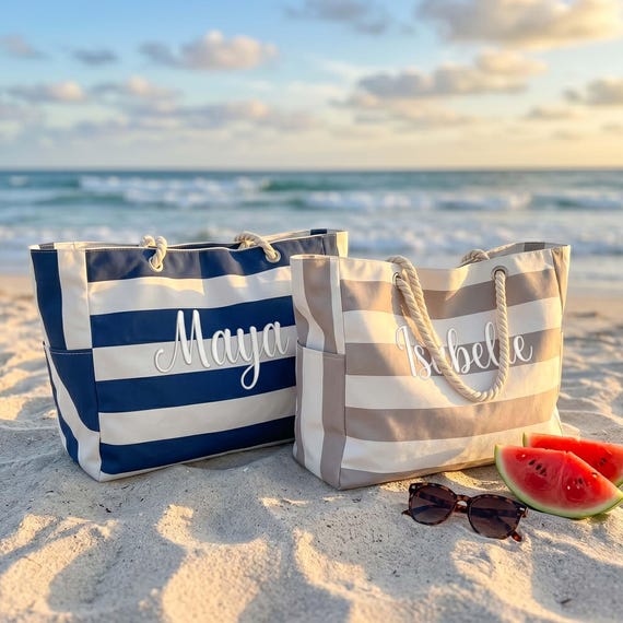 Personalized Striped Canvas Tote,Custom Embroidered Name Canvas Bag with Rope Handle,Summer Vacation Tote Bag,Bridesmaid & Vacation Gift