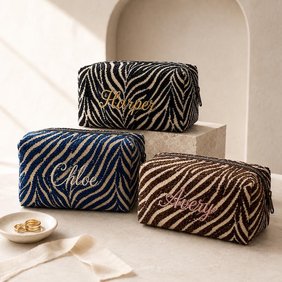 Custom Embroidered Zebra Print Makeup Bag, Personalized Name Cosmetic Pouch for Bride, Travel Toiletry Organizer, Wedding Party Gifts