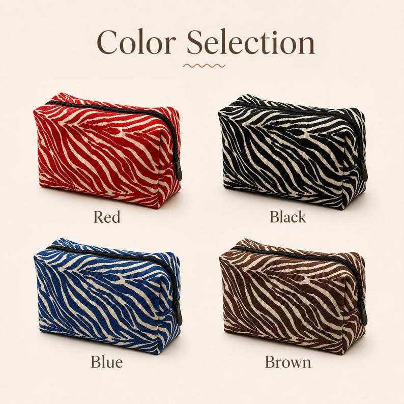 K&ouml;nnte beinhalten: Vier rechteckige Rei&szlig;verschlusstaschen mit Zebramuster in den Farben Rot, Schwarz, Blau und Braun. Der Text Color Selection steht oben, mit individuellen Beschriftungen f&uuml;r Red, Black, Blue und Brown unter jeder der vier Taschen.