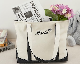 Custom Canvas Tote Bag Flowers with Name and Birthday, Name Tote Bag, Bridesmaid Gift Bag, Embroidered with Initials Personalized Tote