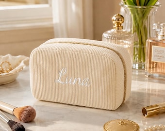Embroidered Corduroy Makeup Bag,Personalized Embroidered Cosmetic Bag,Monogram Toiletry Makeup Bag,Bachelorette Party Gifts,Bridesmaid Gifts