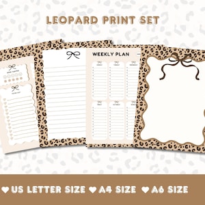 Set di carta per appunti con stampa leopardata e fiocco Coquette, blocco note con stampa animalier, planner stampabile, lista delle cose da fare, grazioso planner settimanale, planner Coquette