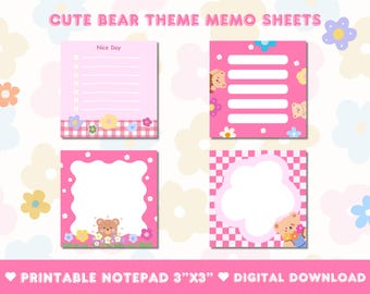 Lindo oso Kawaii Memo Pad, lindas hojas de notas diarias imprimibles, Bloc de notas de lista de tareas pendientes, descarga digital de papelería linda, plantilla de planificador