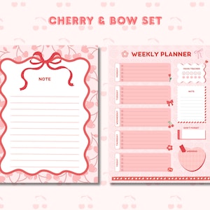 May include: A pink and red Cherry & Bow Set, featuring a notepad and a weekly planner. The notepad has a bow design and the word "NOTE". The weekly planner includes a mood tracker, a note section, and a weekend section.