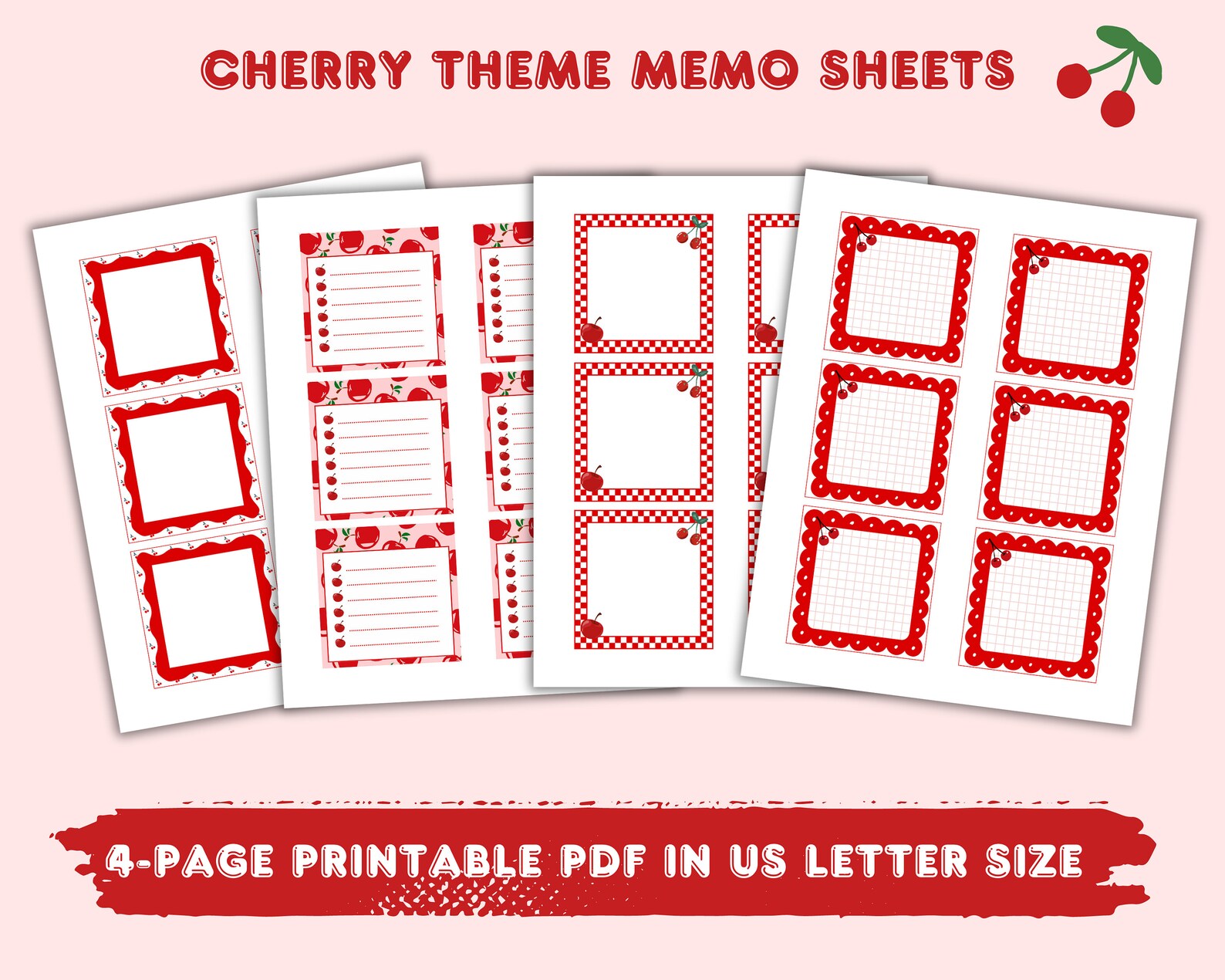 Cherry Notepad Printable, 3x3 Inch Cherry Theme Memo Pad, Kawaii Lined ...