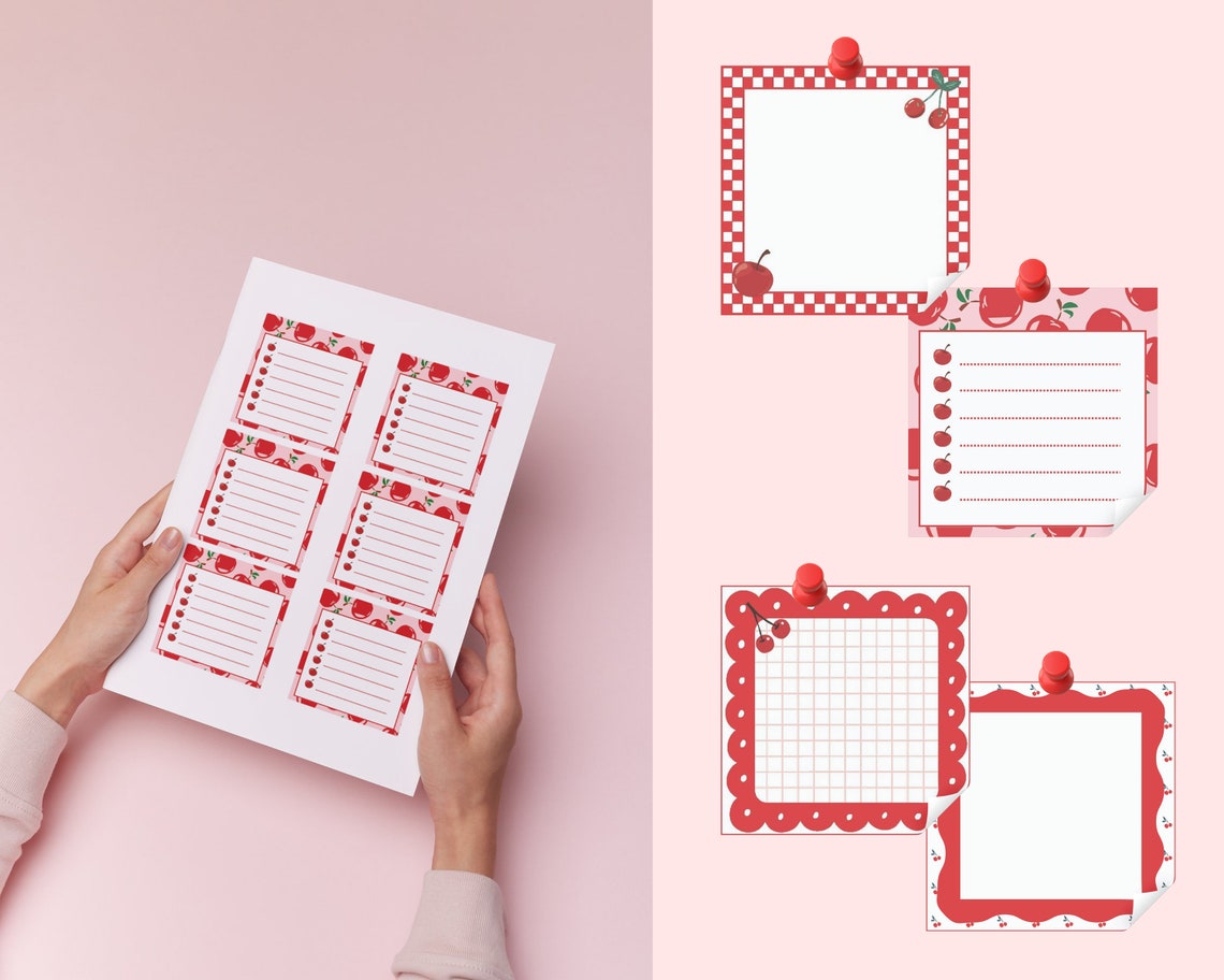 Cherry Notepad Printable, 3x3 Inch Cherry Theme Memo Pad, Kawaii Lined ...