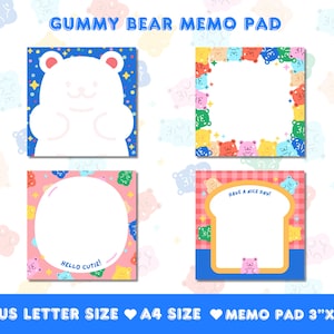 Bloc de notas con forma de osito de goma / Bloc de notas bonito para imprimir / Descarga digital / Notas de 3" x 3" / Papelería kawaii / Tamaños carta y A4 de EE. UU. / Notas para imprimir