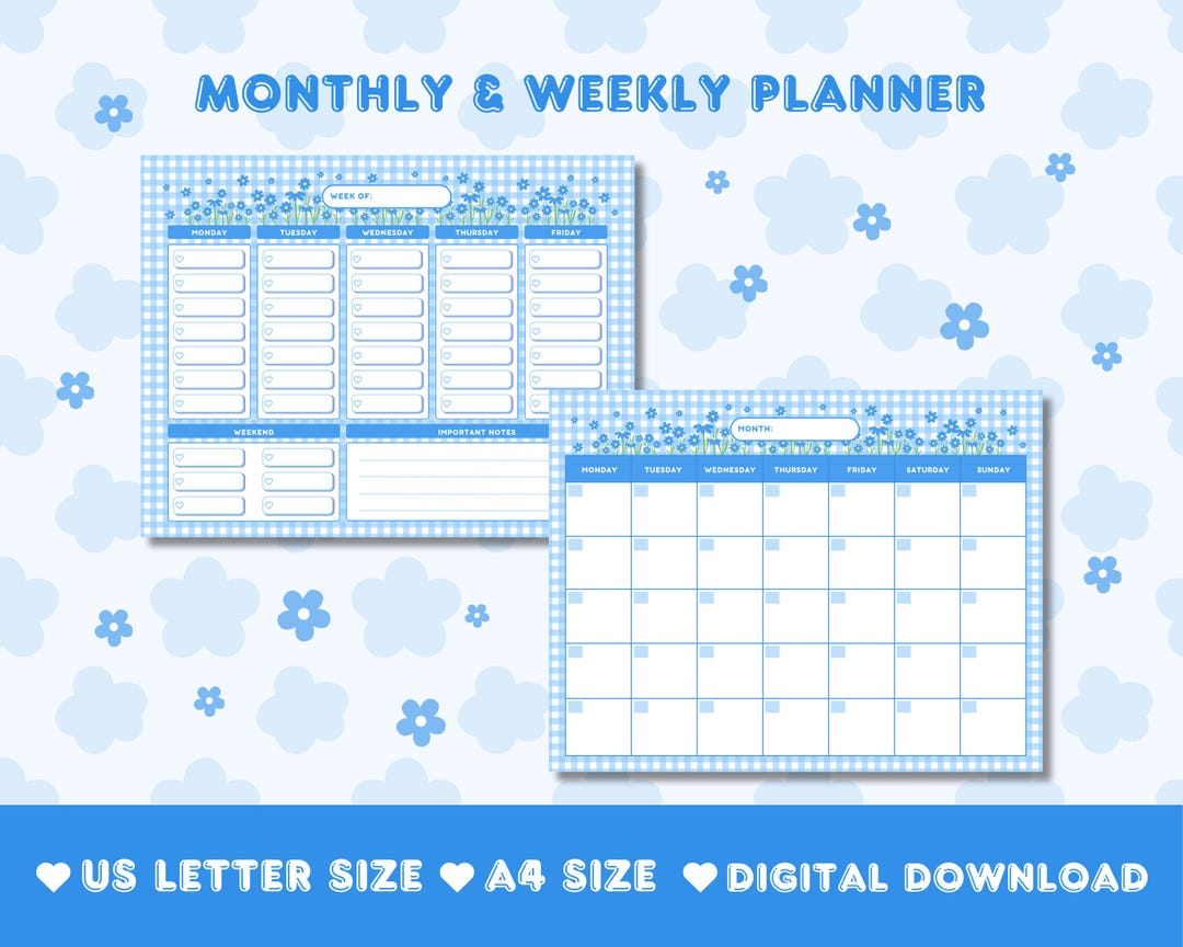 Cute Blue Floral Monthly & Weekly Planner | Digital Download | US ...