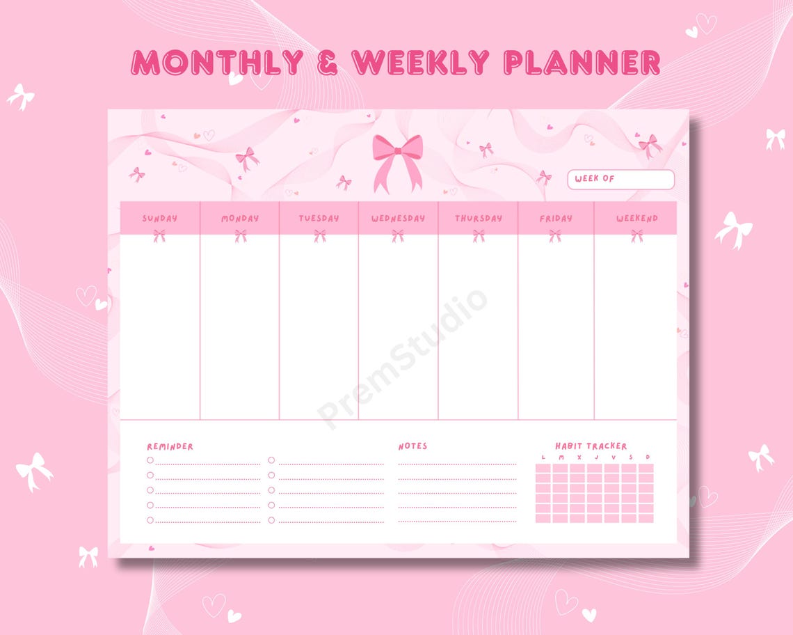 Coquette Bow Weekly & Monthly Planner Kawaii Printable Planner Cute to ...
