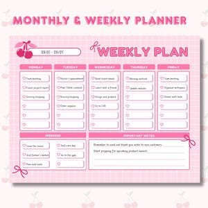 Coquette Bow Printable Weekly Planner, Monthly Planner, Cute Bow ...