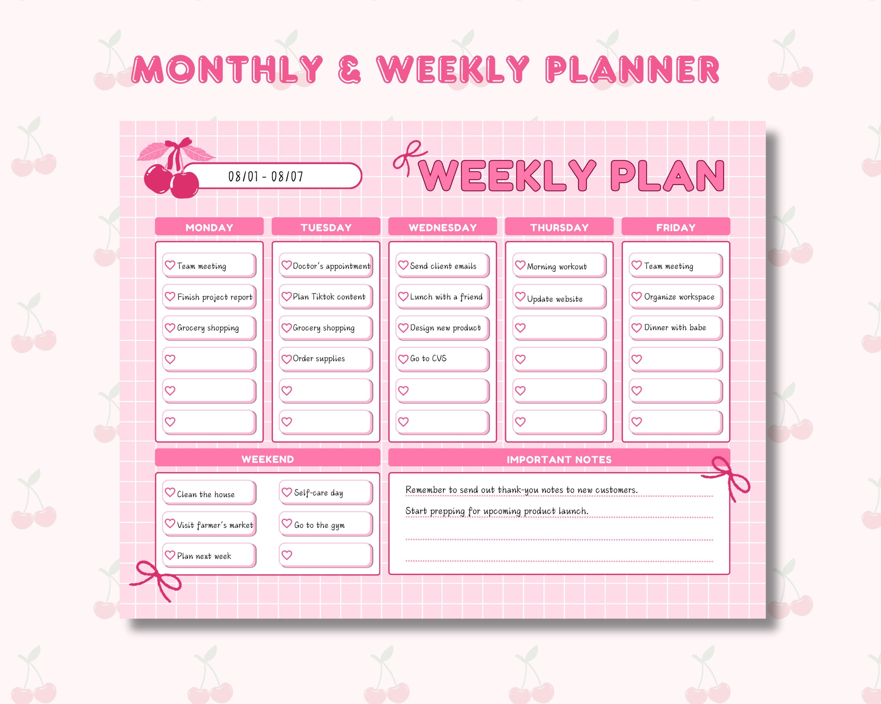 Coquette Bow Printable Weekly Planner, Monthly Planner, Cute Bow ...