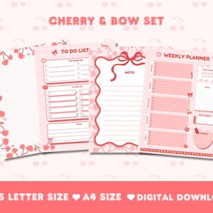 Juego de planificador con lazo de cerezas / Linda lista de tareas pendientes kawaii, planificador semanal y páginas de notas / Tamaño carta A4 de EE. UU. Descarga digital