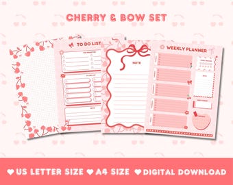 Cherry Bow Planner Set | Cute Kawaii To-Do List, Weekly Planner, and Note Pages | A4 US Letter Size Digital Download