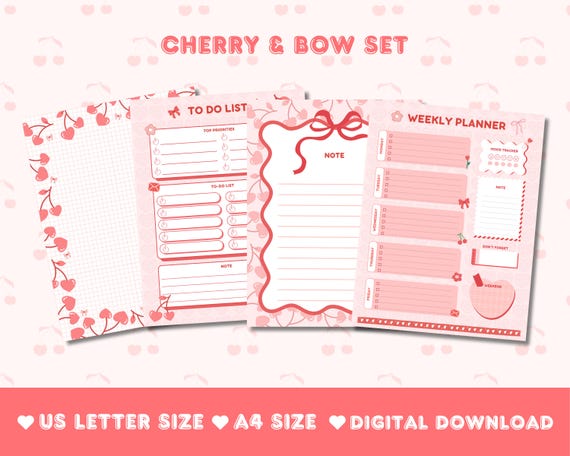 Cherry Bow Planner Set | Cute Kawaii To-Do List, Weekly Planner, and Note Pages | A4 US Letter Size Digital Download