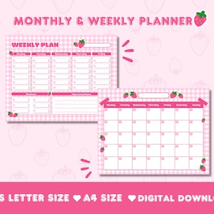 Strawberry Printable Weekly Planner Monthly Planner Cute Printable Calendar Kawaii Planner Goodnotes Planner Set Download