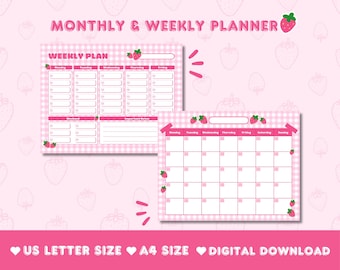 Planificador semanal imprimible de fresas Planificador mensual Lindo calendario imprimible Planificador kawaii Planificador Goodnotes Set Descarga