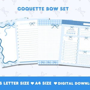 May include: A set of four printable planner pages with a blue and white gingham pattern, blue bows, and the text "Coquette Bow Set".