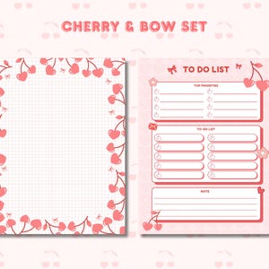May include: A pink Cherry & Bow Set featuring a notepad with a grid pattern and a to-do list. The notepad has a cherry border, and the to-do list includes sections for top priorities, to-do list, and notes. The text "TO DO LIST" is visible.
