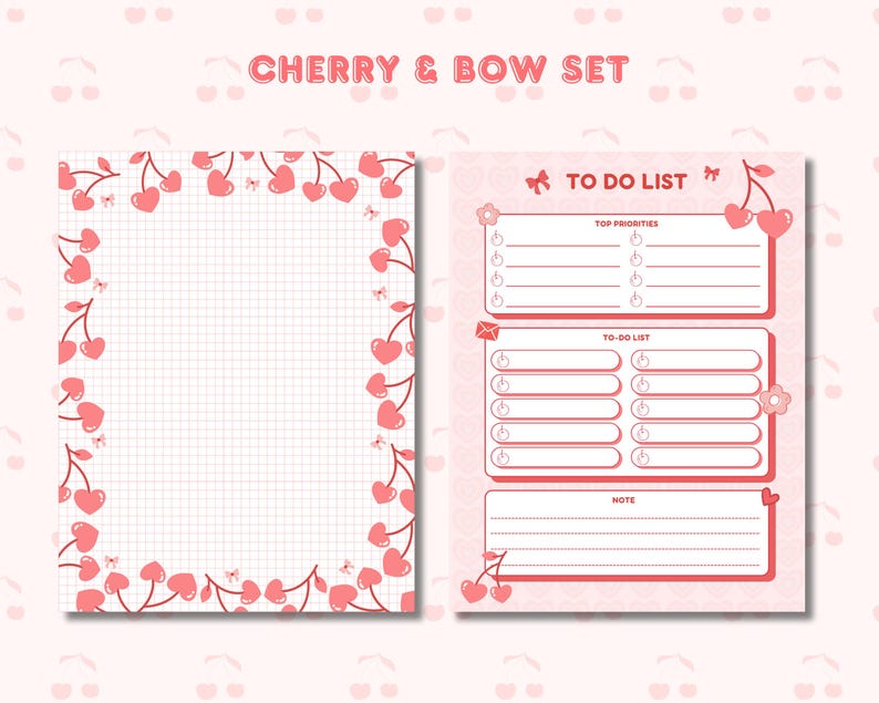 May include: A pink Cherry & Bow Set featuring a notepad with a grid pattern and a to-do list. The notepad has a cherry border, and the to-do list includes sections for top priorities, to-do list, and notes. The text "TO DO LIST" is visible.