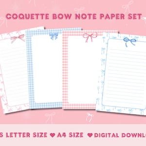 Papier do notatek Coquette Bow, papier do pisania, cyfrowo drukowana śliczna kokarda, drukowany notatnik, drukowany papier do notatek, artykuły piśmiennicze Coquette