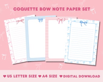 Coquette Bow Note Paper, Briefpapier, bedruckbare niedliche Schleife, Digital Printable Notepad, bedruckbares Notizpapier, Coquette Briefpapier