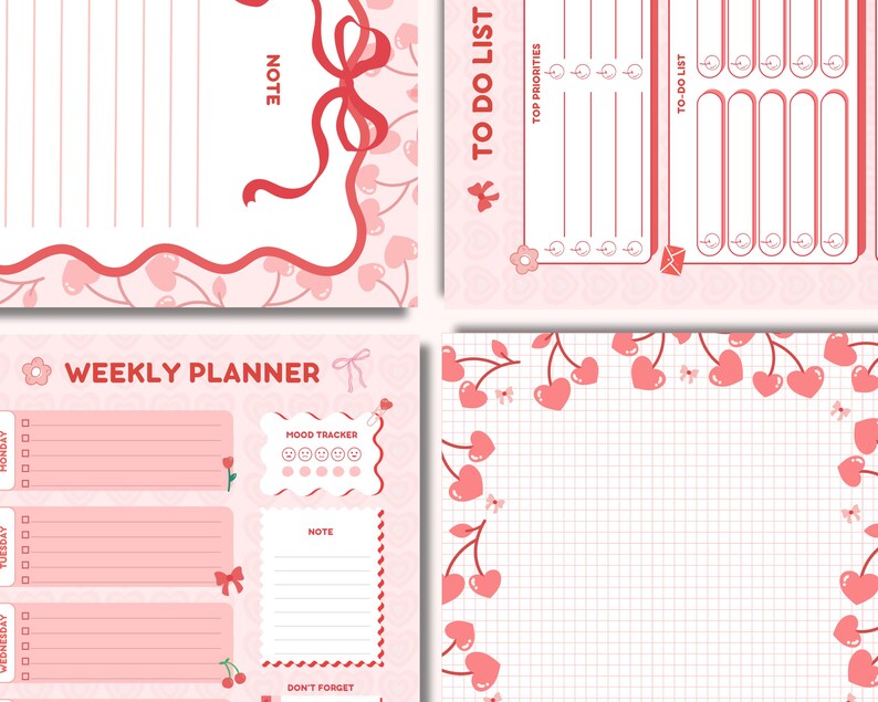 May include: A collection of pink and white stationery items, including a weekly planner, to-do list, and note pages. The designs feature cherry and bow motifs. The pages are decorated with grid lines and text such as "Note", "To Do List", and "Weekly Planner".