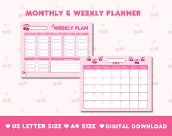 Coquette Bow Printable Weekly Planner, Monthly Planner, Cute Bow Printable Calendar, Kawaii Planner Coquette Stationery, Digital planner