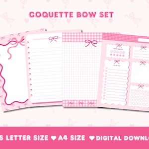 Zestaw papierów do notatek Pink Coquette Bow, Notatnik Bow, Planer do druku, Papier do notatek do druku, Lista rzeczy do zrobienia