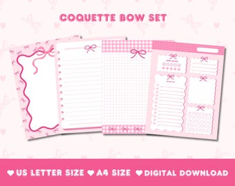 Pink Coquette Bow Note Paper Set, Bow Notepad, Printable Planner, Printable Note Paper, To Do List
