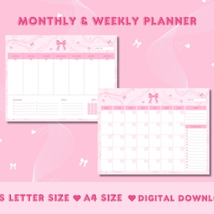 Coquette Bow Wochenplaner & Monatsplaner Kawaii Druckbare To Do Liste Rosa Briefpapier Druckbare Kalenderblätter Digitaler Download