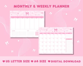 Coquette Bow Weekly & Monthly Planner Kawaii Printable Planner Cute To Do List Pink Stationery Printable Calendar Sheets Digital Download