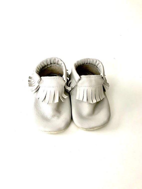 Fringe Mocc Dove Gray, Baby Moccasins, Leather Baby Shoes, Leather