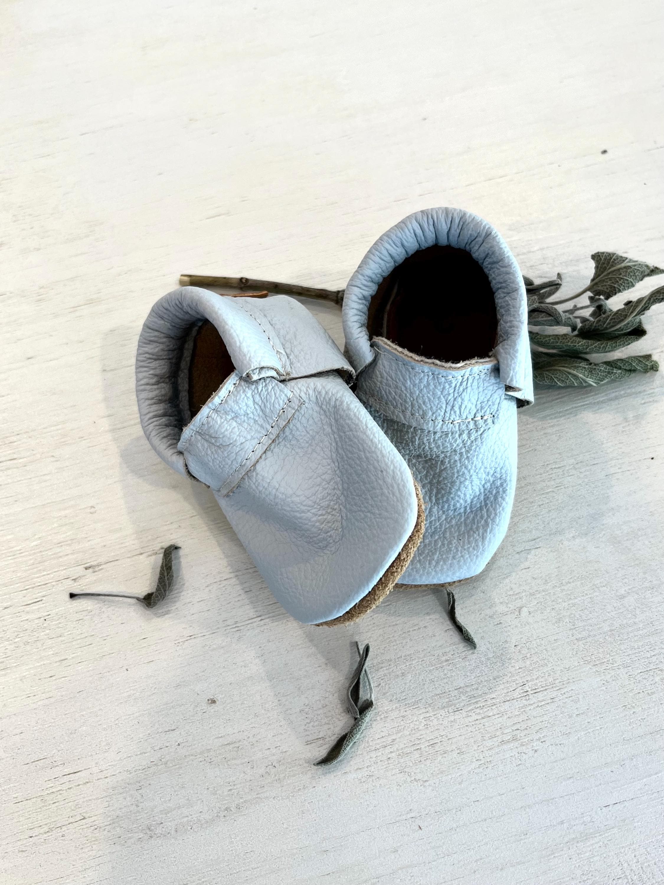 Ice Blue Leather Baby Moccs, Soft Sole Moccasins, light blue leather…
