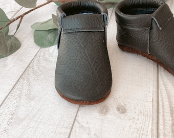 Black Leather Baby Moccasins, Soft Sole Booties