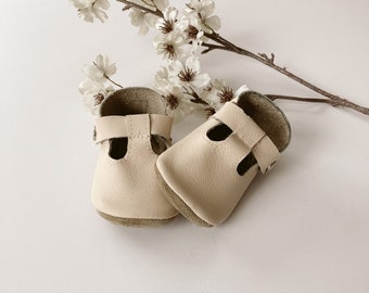 Kids Mary Jane Shoes Cream, t-strap baby moccasins, leather Baby Shoes, Baby Moccasins, Soft Sole Shoes, Leather Sole, Snap closure