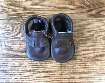 Fringe Leather Baby Moccasins, Chocolate Brown Soft Sole Shoes