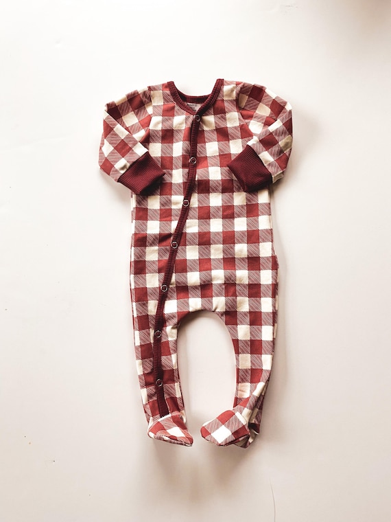 Cotton Knit Buffalo Plaid Baby Snap Outfit, Christmas Pajamas