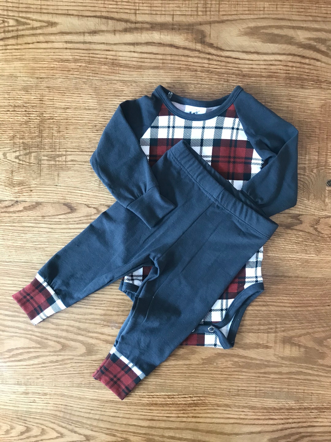 Plaid Charcoal and Burgundy Outfit Baby Boy Outfit Etsy