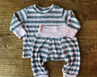 Blush and charcoal striped rib knit baby outfit coming home outfit big bum pants thermal baby