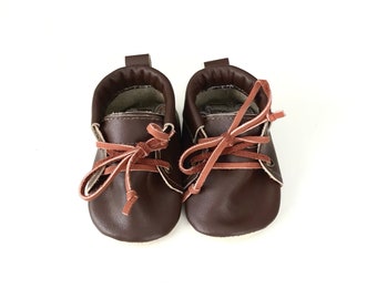 Lace up Moccs Chocolate, Baby Shoes, Baby Moccasins, Soft Sole Shoes, Genuine Leather, Leather Sole, Elastic Hidden Ankle, Baby gift, shower