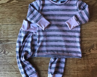 Mauve and charcoal striped rib knit baby outfit coming home outfit big bum pants thermal baby