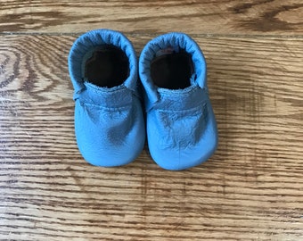Blue Leather Baby Moccasins, Soft Genuine Leather Booties