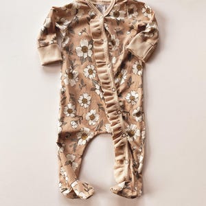 Cotton Knit Beige floral Baby Snap Outfit, footed pajamas, coming home outfit, baby boy one piece set, baby girl gift, baby clothes