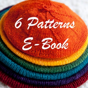 May include: A stack of six knitted, colorful hats in shades of red, orange, yellow, green, blue, and purple. The hats are arranged in a rainbow pattern. White text on the top hat reads "6 Patterns E-Book".