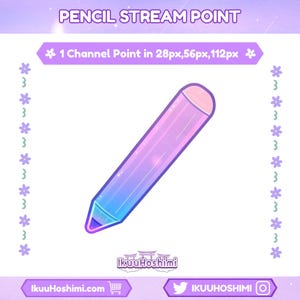 May include: A digital illustration of a pencil with a gradient of blue, purple, and pink. The pencil is labeled "PENCIL STREAM POINT" and includes the text "1 Channel Point in 28px, 56px, 112px". The image also includes the artist's name and social media handles.