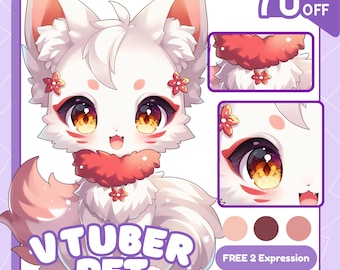 Puede incluir: Ilustración digital de un zorro blanco y rosa estilo anime con ojos grandes y expresivos. El zorro tiene un collar rojo y detalles florales. El texto dice "VTUBER PET" y "FREE 2 Expression". Un banner "70% OFF" está en la esquina superior derecha.