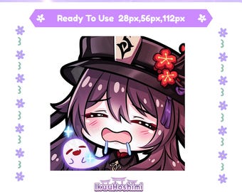 May include: A digital illustration of Hu Tao from Genshin Impact, an anime-style character, with a crying expression. She wears a black hat with red flower accents and a purple outfit. The image includes the text "Hu Tao Emotes" and "Ready To Use".